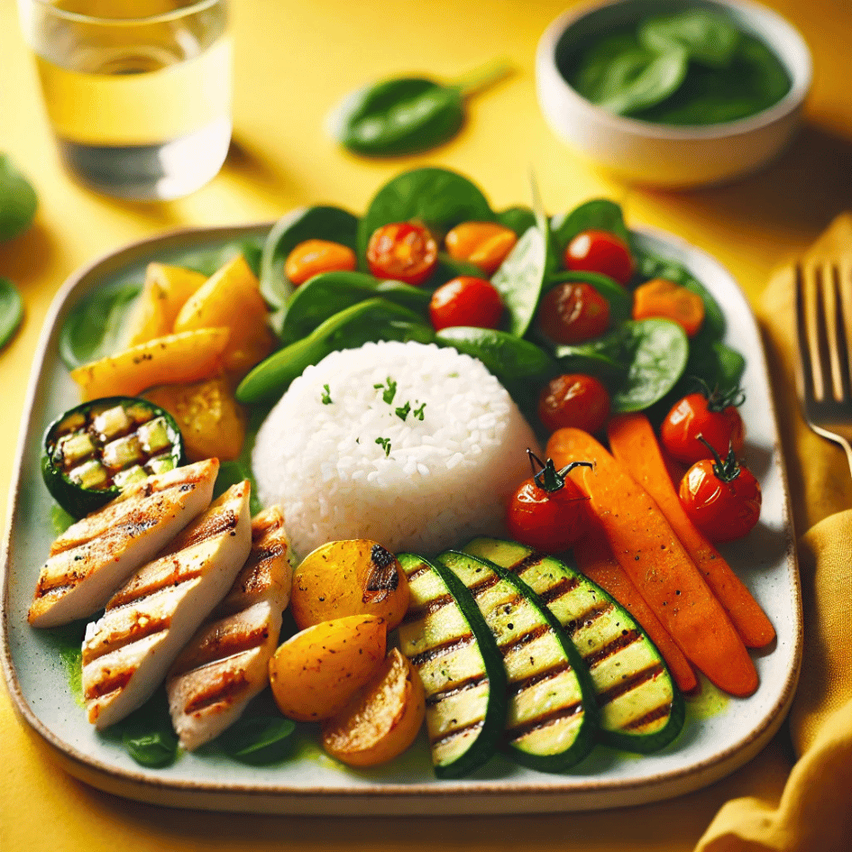 A nutritious low-FODMAP meal served on a plate, featuring grilled chicken breast, white rice, fresh spinach, roasted cherry tomatoes, grilled zucchini, baby carrots, and golden potatoes. The dish is arranged beautifully with vibrant colors.