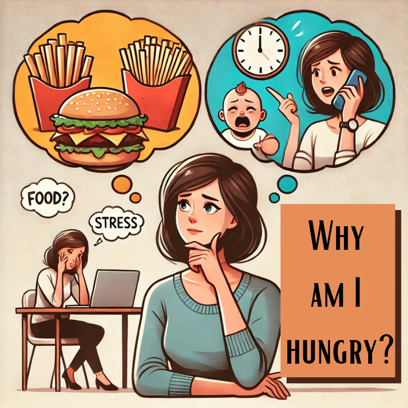 contemporary cartoon-style illustration you requested, showing a woman thinking with two thought bubbles representing food and stress.