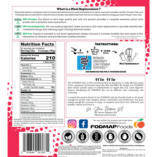 Raspberry low fodmap meal replacement nutritional information and ingredients